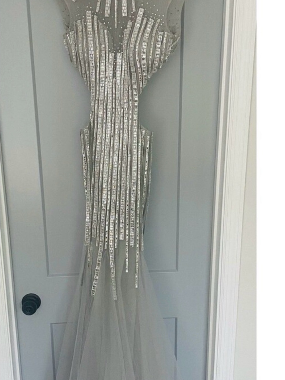 Alyce Paris Silver Sequin Fringe Tulle Gown